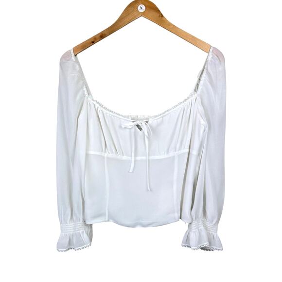 Aritzia Wilfred Duke Blouse White Sheer Long Sleeve Cropped Smocked Peasant Top - Picture 9 of 14